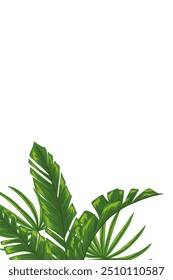 Tropical vertical frame with palm leaves for party invitations, sale posters and wedding cards. Not cropped elements isolated on a white background. Hand drawn vector illustration with a text place.