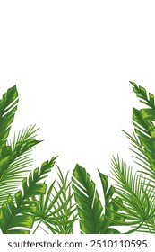 Tropical vertical frame with palm leaves for party invitations, sale posters and wedding cards. Not cropped elements isolated on a white background. Hand drawn vector illustration with a text place.