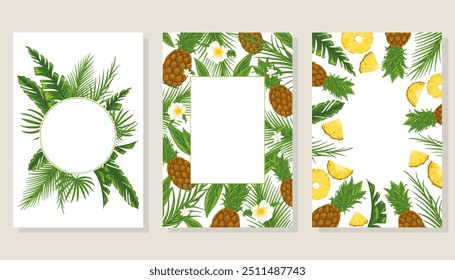 Tropical vertical frames set with palm leaves, pineapples and flowers. Party invitation, sale poster, web banner. Hand drawn illustration with a text place on white background