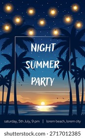 Tropical vertical night beach with glowing string lights, palm trees, mountains and sunset over the ocean. Relaxing summer evening vector illustration for party invitation or resort themes