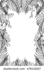 Tropical Vertical Template With Palm  Leaves And Tropical Flowers. Exotic Frame  For Your Design. Hand Drawn Illustration.