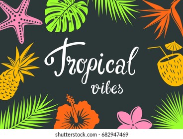 tropical vibes background with tropic flowers silhouettes hibiscus, bird of paradise, plumeria, seashell, coconut drink, palm and monstera leaves, pineapple