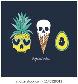 Tropical vibes. Funny hand drawn for summer.Summer elements vector print.Pineapple, avocado, ice cream hand drawing.