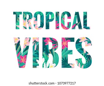 Tropical vibes lettering. Retro vector tropical letters with pink and white frangipani (plumeria) flowers and palm leaves