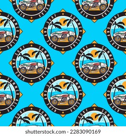 Tropical Vibes Seamless Summer Pattern with Surfing Motorcycle on the Beach Badges. Perfect for Beach and Vacation-Themed Designs and Products. Stock vector