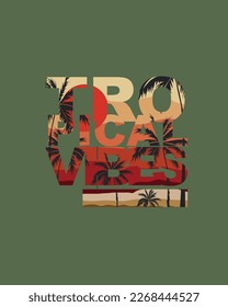 Vibes tropicales Typografía de verano Palm árbol de sol vintage playa diseño gráfico para vectores de impresión de camisetas