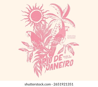 Tropical vibes t shirt artwork. Summer vibes artwork. Copacabana beach art. Tropical paradise. Banana tree. Macaw paradise artwork. Tropical bird with flower graphic print design.