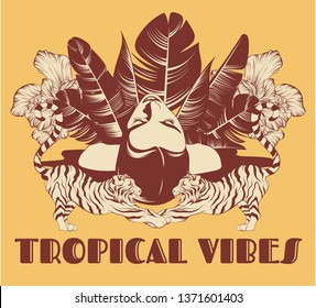 Tropical vibes. Vector hand drawn illustration of pretty woman with palm leaves , flowers, tigers isolated. Tattoo artwork. Template for card, poster. banner, print for t-shirt, pin, badge, patch.