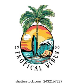 Tropical vibes.Palm tree island print design for t shirt print, poster, sticker, background and other uses. Beach vibes with surfing board vintage print design.