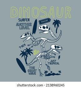 Tropical vibes.Surfer dinosaur vector print. Dinosaur skeleton, surfboard, palm tree vector print. Fun t-shirt design for kids.Cute Dinosaur character design.