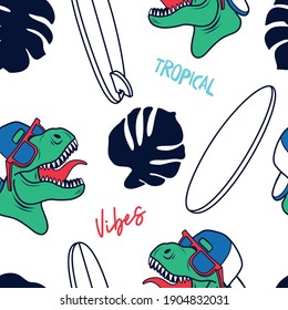 Tropical vibes.Surfer dinosaurs seamless pattern. Dinosaur,surfboard vector print. Fun t-shirt design for kids.Cute Dinosaur character design.