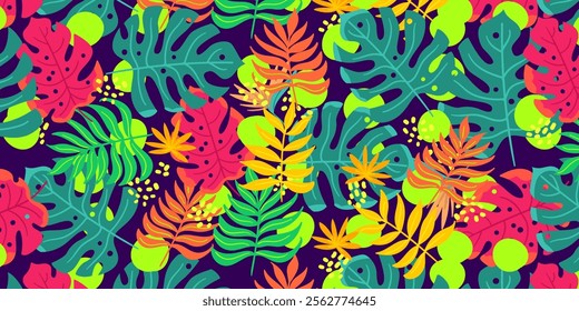 Tropical vibrant pattern with colorful monstera leaves, exotic foliage, and abstract botanical elements. Perfect for summer designs, wallpapers, and textile prints