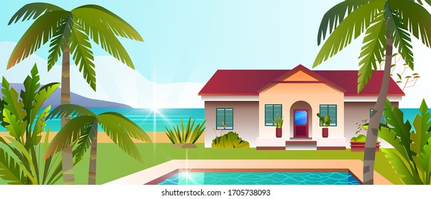 Tropical view with luxury villa, pool, backyard, palms, beach,tropical plants. Summer exotic banner with seaside elite bungalow. Paradise vacation concept in flat style. For travel and rental agencies