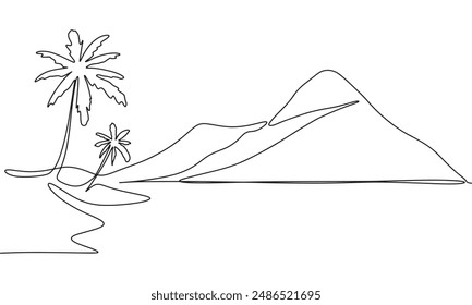 Tropical view one line continuous. Tropical landscape line art. Hand drawn vector art.