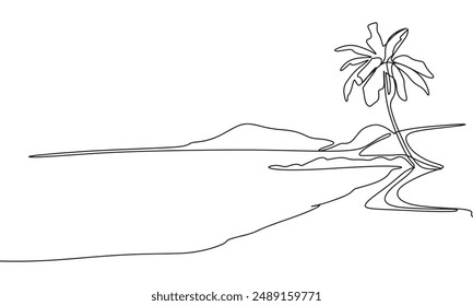 Vista tropical una línea continua. Paisaje tropical de arte lineal. Arte vectorial dibujado a mano.