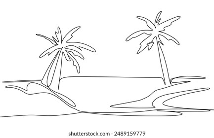 Tropical view one line continuous. Line art tropical landscape. Hand drawn vector art.