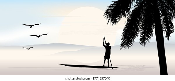 Tropical view with palm tree at sunset. The fishermen's boat swims.