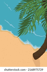 Tropical view of shore with peaceful waves in the sea, sand and palm tree. Design in cartoon style.