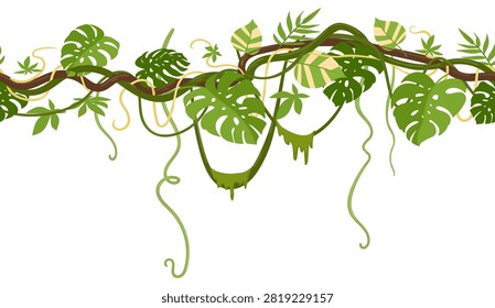 Tropical vine border. Hanging jungle leaves and climbing vines flat vector illustration. Botanical garland isolated on white background