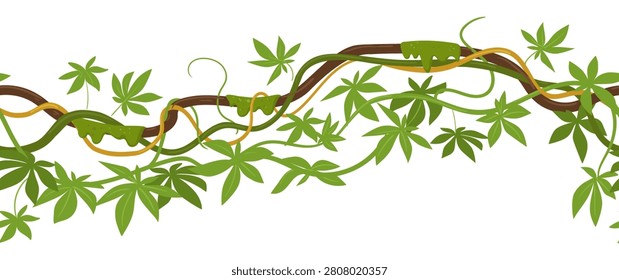 Tropical vine border. Horizontal leafy branch with climbing vines flat vector illustration. Botanical decorative border