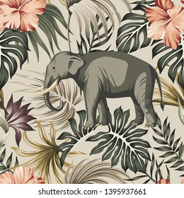 Tropical vintage animal elephant, hibiscus flower, strelitzia, palm leaves floral seamless pattern grey background. Exotic jungle wallpaper. 