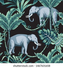 Tropical vintage animal elephant, palm leaves, banana tree, liana floral seamless pattern black background. Exotic jungle wallpaper.