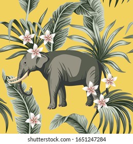 Tropical vintage animal elephant, plumeria flower, palm leaves, banana leaves floral seamless pattern yellow background. Exotic jungle wallpaper.
