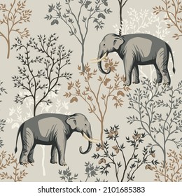 Tropical vintage animal elephant, trees floral seamless pattern beige background. Exotic jungle wallpaper.