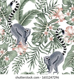 Tropical Vintage Animal Lemur, Plumeria Hibiscus Flower, Palm Leaves, Banana Leaves Floral Seamless Pattern White Background. Exotic Jungle Wallpaper.