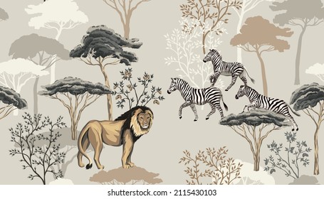 Tropical vintage animal lion, zebra, african trees floral seamless pattern grey background. Exotic safari wallpaper.