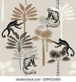 Tropical vintage animal monkey, palm trees floral seamless pattern beige background. Exotic jungle wallpaper.