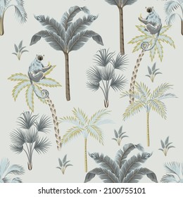 Tropical vintage animal, palm trees floral seamless pattern grey background. Exotic jungle wallpaper.