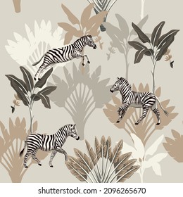 Tropical vintage animal zebra, palm trees floral seamless pattern beige background. Exotic jungle wallpaper.