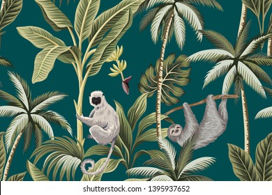 Tropical vintage animals lemur, sloth, palm trees, banana tree, plants floral seamless pattern green background. Exotic jungle wallpaper.