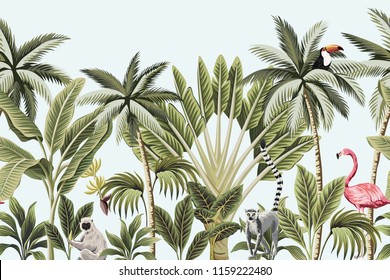 Tropical vintage animals, toucan, flamingo, palm trees, banana tree floral seamless border blue background. Exotic jungle wallpaper.