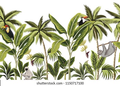 Tropical vintage animals, toucan, parrot, palm trees, banana tree floral seamless border white background. Exotic jungle wallpaper.