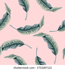 Tropical vintage banana leaf seamless pattern. Exotic wallpaper. Vector green leaves and pink background. 
Fashion, interior, wrapping, packaging suitable.