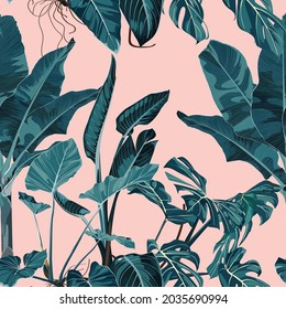 Tropical vintage banana palm, monstera, plant, floral seamless border pink background. Exotic blue jungle wallpaper.