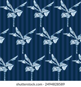 Tropical vintage banana tree leaf seamless pattern with stripe background. Seamless pattern with tropical plant. simple indigo blue Exotic botanical jungle design used for textiles..,