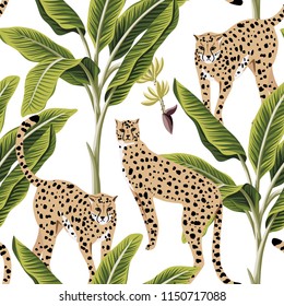 Tropical vintage banana trees and cheetah floral seamless pattern white background. Exotic jungle wallpaper.
