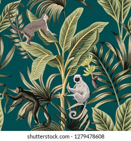 Tropical vintage banana trees, plants, palm leaves, lemur, monkey floral seamless pattern green background. Exotic jungle wallpaper.