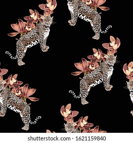 Tropical vintage beige brown orchid flower and lopard animal seamless pattern, white background. Exotic jungle wallpaper.  Use for textile, dress, wallpaper, home design.