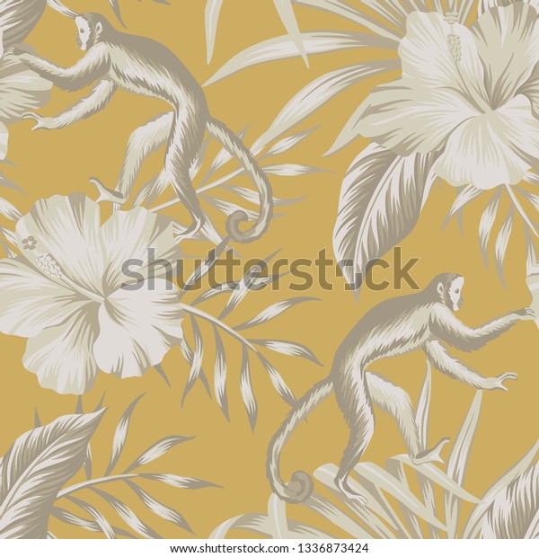 熱帯のビンテージベージュ猿 ハイビスカス花 ヤシの葉のシームレスな模様の黄色い背景 エキゾチックなジャングルの壁紙 のベクター画像素材 ロイヤリティフリー