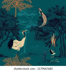 Tropical vintage bird, crane bird, trees floral seamless pattern navy background. Exotic jungle wallpaper.	