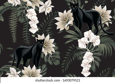 Tropical Vintage Black Panther Animal, White Lotus Flower, White Orchid, Palm Leaves Floral Seamless Pattern Black Background. Exotic Jungle Wallpaper.