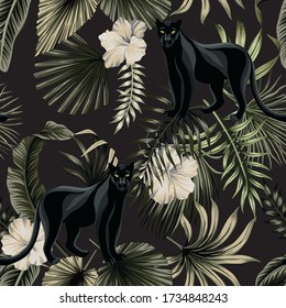 Tropical vintage black panther animal, white hibiscus flower, palm leaves floral seamless pattern black background. Exotic jungle wallpaper.