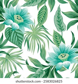 Tropical vintage blue lotus flower, palm leaves floral seamless pattern white background. Exotic jungle wallpaper.	