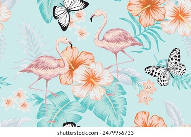 Tropical vintage blue palm leaves, pink hibiscus flower, pink flamingo, butterfly floral seamless pattern blue background. Exotic jungle wallpaper.