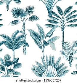 Tropical vintage blue palm trees, banana tree floral seamless pattern white background. Exotic jungle wallpaper.