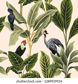 Tropical vintage botanical bird crane, parrot, palm tree, plant, banana tree floral  seamless pattern pink background. Exotic jungle wallpaper.